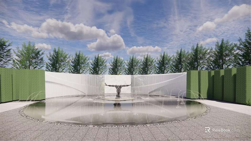 Garden Landscape With Circular Fountain White Vertical Slatted Wall Green Trees And Blue Sky 3d model 