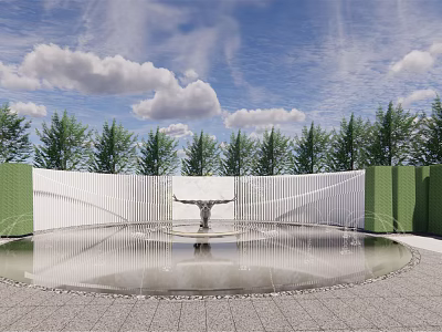 Garden Landscape With Circular Fountain White Vertical Slatted Wall Green Trees And Blue Sky 3d model