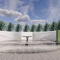 Garden Landscape With Circular Fountain White Vertical Slatted Wall Green Trees And Blue Sky
