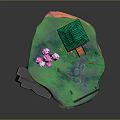 Red Traditional Building With Green Roof On Floating Island Torii Gate And Pink Tree
