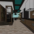 Contemporary Restaurant Interior With Blue Cushioned Seats Wooden Tables And Hanging Lamps