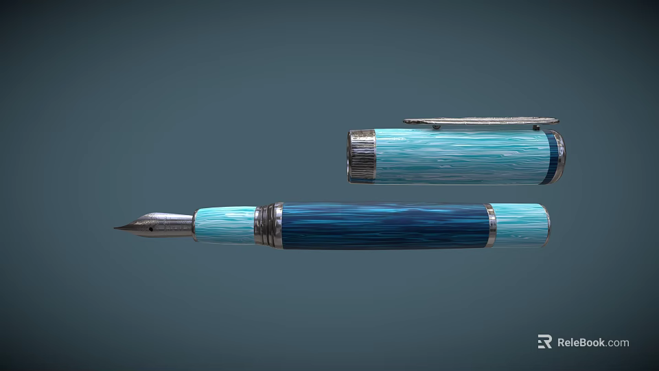 Fountain Pen with Blue and Light Blue Striped Design Metal Cap and Silver Nib 3d model 