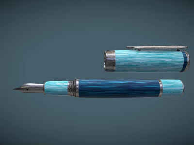 Fountain Pen with Blue and Light Blue Striped Design Metal Cap and Silver Nib 3d model