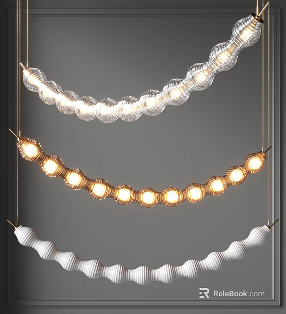 Contemporary Wave Shaped Glass Chandeliers With Illuminated Bulbs For Home Interior 3d model 
