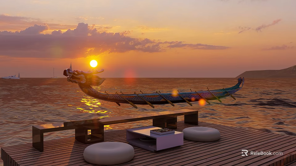 Garden Decorative Dragon Boat Ornaments With Sunset Sea Surface Wooden Deck Round Cushions Square Table 3d model 