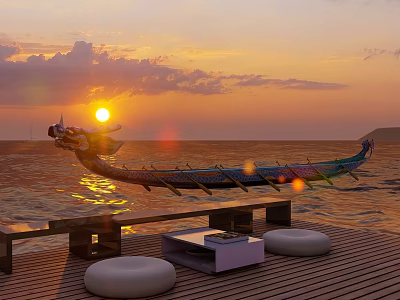 Garden Decorative Dragon Boat Ornaments With Sunset Sea Surface Wooden Deck Round Cushions Square Table 3d model