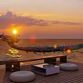 Garden Decorative Dragon Boat Ornaments With Sunset Sea Surface Wooden Deck Round Cushions Square Table