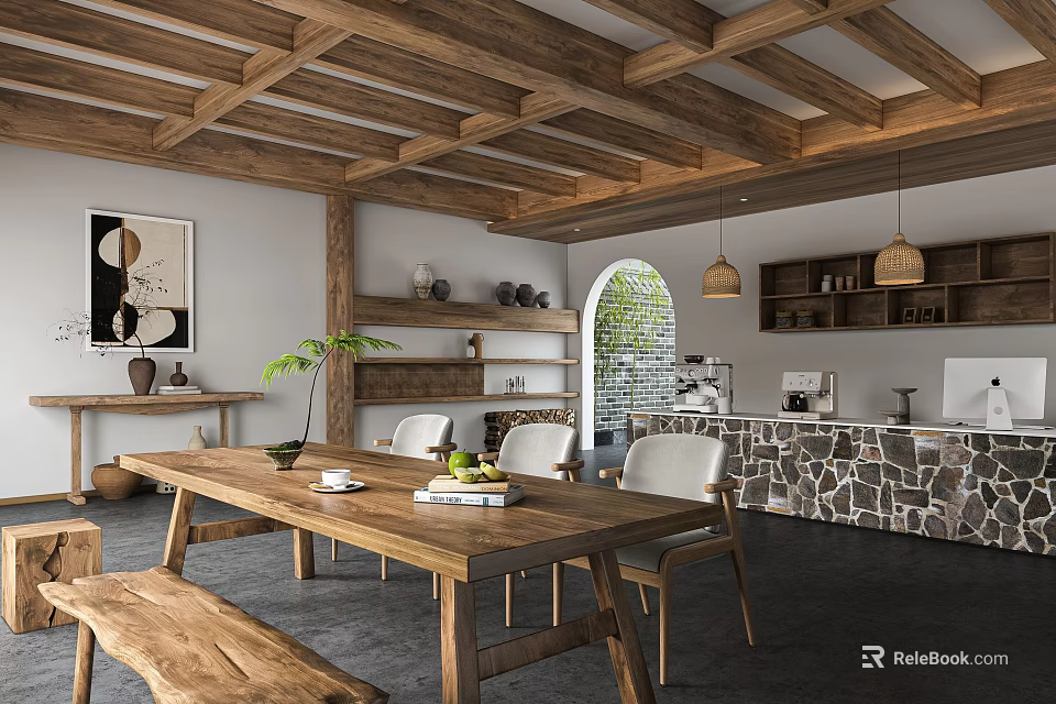 Warm Lounge Interior With Wooden Ceiling Beams White Walls Abstract Painting And Wooden Table White Chairs 3d model 