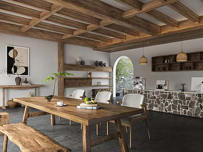 Warm Lounge Interior With Wooden Ceiling Beams White Walls Abstract Painting And Wooden Table White Chairs 3d model