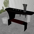 Modern Tea Table With Black Top Transparent Legs Black Chair Red Bench And Green Plants