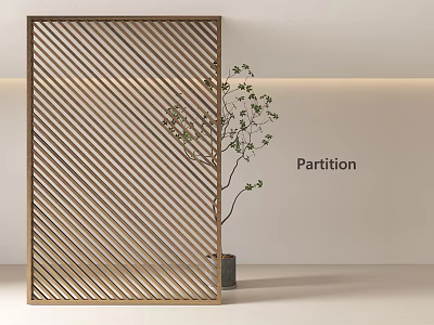 Stylish Diagonal Striped Partition In Minimalist Interior Space With Green Plant 3d model