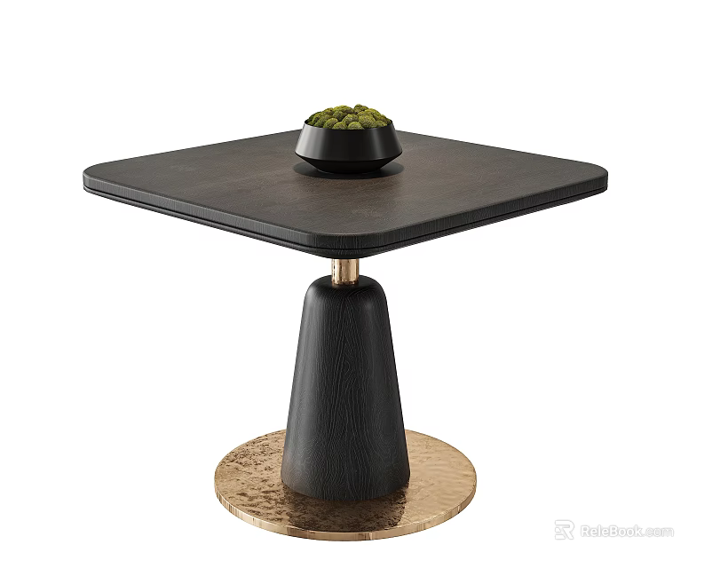 Square Black Dining Table With Conical Leg Gold Base And Black Bowl Green Plants 3d model 