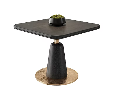 Square Black Dining Table With Conical Leg Gold Base And Black Bowl Green Plants 3d model