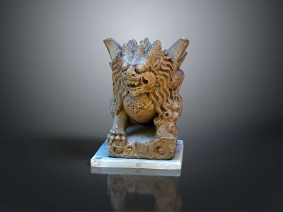 Traditional Stone Lion Statue With Carved Mane And Claws On Marble Base 3d model