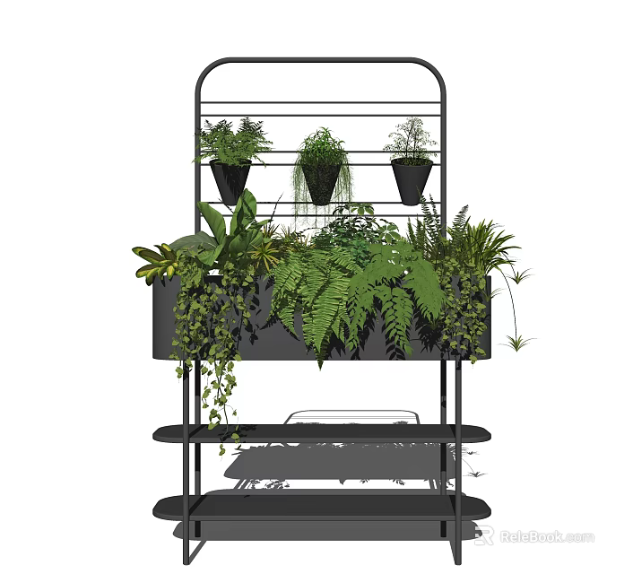 Black Metal Multi Tiered Shelf with Various Hanging and Trailing Potted Plants 3d model 