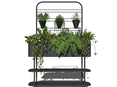 Black Metal Multi Tiered Shelf with Various Hanging and Trailing Potted Plants 3d model
