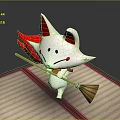 Cute 3D White Fox Game or Movie Character with Red Ears Cheek Marks Holding Broom