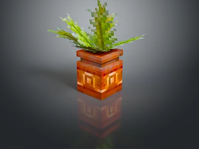 Pixelated Green Plant In Orange Geometric Patterned Pot With Black Background Reflection 3d model