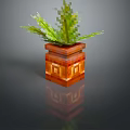Pixelated Green Plant In Orange Geometric Patterned Pot With Black Background Reflection
