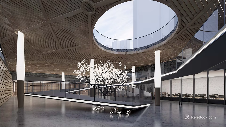 Modern Sales Office Interior With Wooden Ceiling Circular Skylight And White Flowering Tree 3d model 