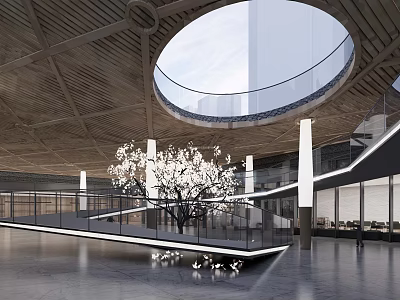 Modern Sales Office Interior With Wooden Ceiling Circular Skylight And White Flowering Tree 3d model