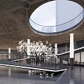 Modern Sales Office Interior With Wooden Ceiling Circular Skylight And White Flowering Tree