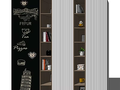 Modern Bookcase With Chalkboard Wall Hand Drawn Illustrations Books And Decorative Items 3d model