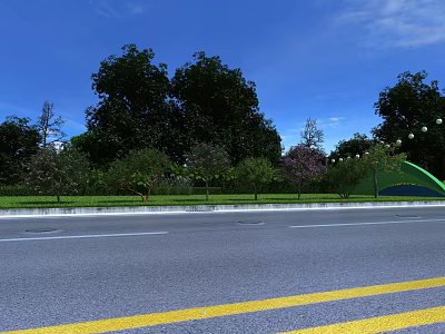 Road Facilities Featuring Yellow Lane Markings Green Belt Trees And Clear Asphalt Surface Along Roadside 3d model