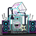 Modern Tech Style Stage Setup With Neon Lights Large Speakers Diamond Sign And Microphone Stand