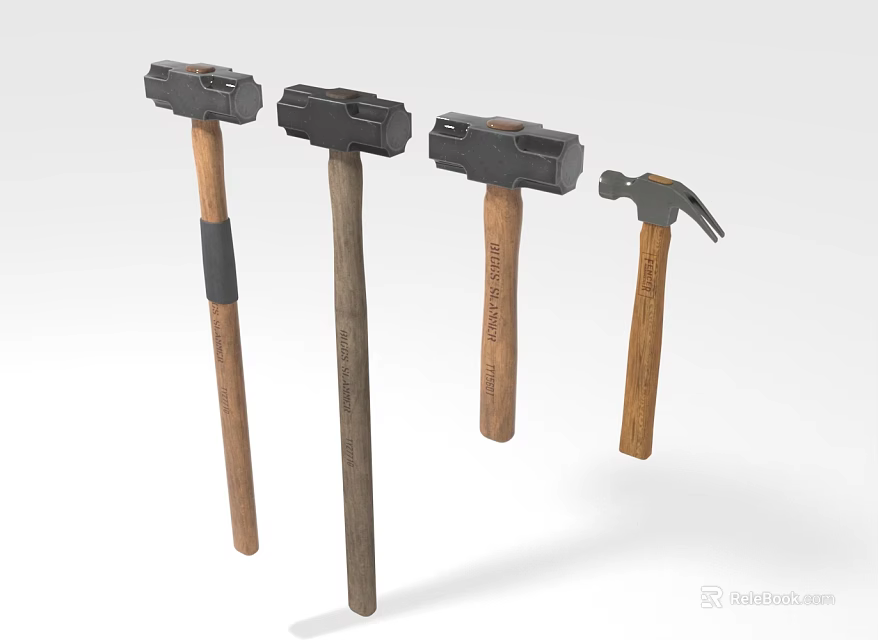 Different Types of Hardware Hammers With Wooden Handles and Steel Heads 3d model 
