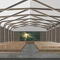 Modern Religious Worship Space With Wooden Ceiling Rows Of Benches And Natural Landscape Screen