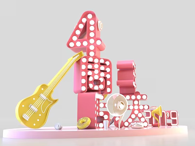 Pink Themed 4th Anniversary Decoration With Yellow Guitar And Light Up Elements 3d model