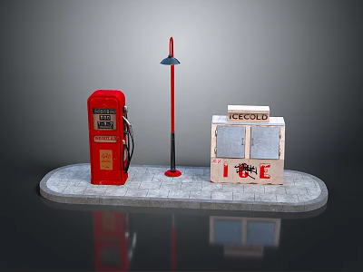 Red Gas Pump Red Street Lamp And ICE COLD Cooler On Gray Platform Setup 3d model