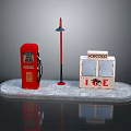 Red Gas Pump Red Street Lamp And ICE COLD Cooler On Gray Platform Setup