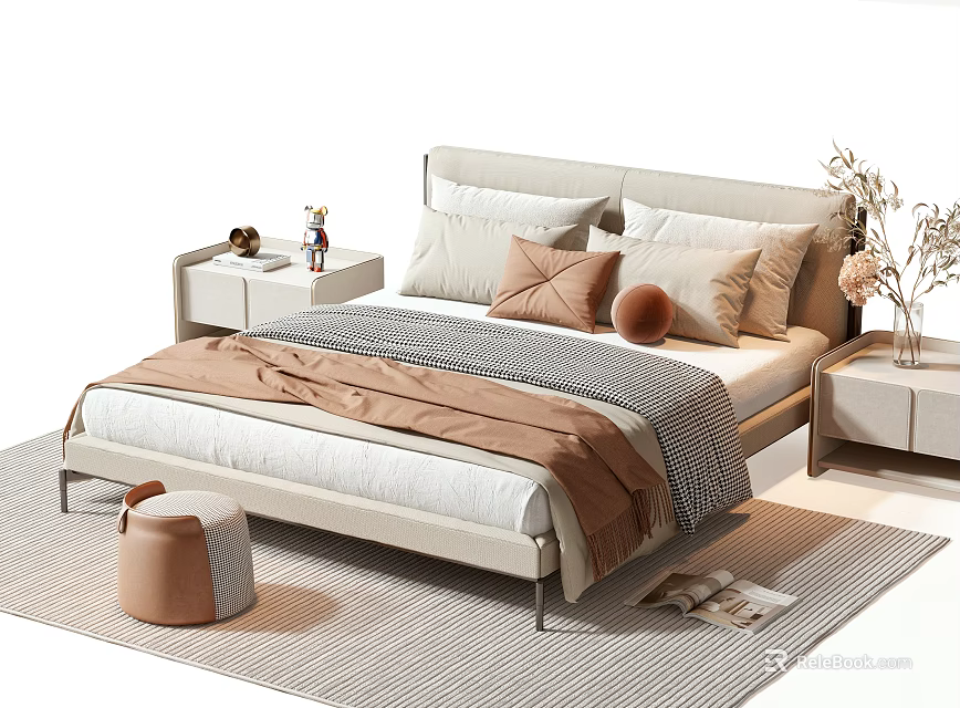 Modern Double Bed Interior Design With Beige Frame Multiple Pillows Brown Blanket Nightstand And Decorative Stool 3d model
