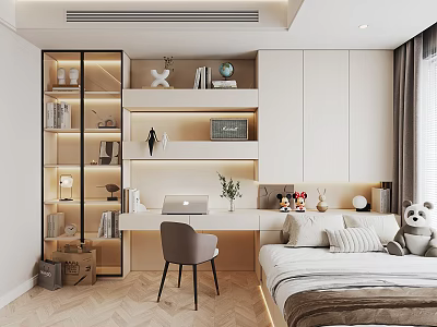 Modern Tatami Bedroom Interior With Writing Desk Bookshelves Chair Pillows And Storage Cabinets 3d model