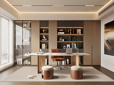 Modern Home Office Interior With Wooden Desk Bookshelves Office Chair And Wall Art 3d model