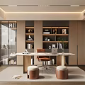 Modern Home Office Interior With Wooden Desk Bookshelves Office Chair And Wall Art