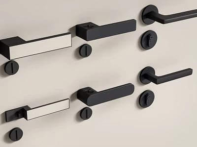 Modern Black Door Handles With Various Stylish Designs On Beige Wall 3d model