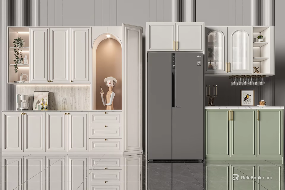 Modern Wine Cabinet In Kitchen With White Green Cabinets Refrigerator And Wine Glasses 3d model 