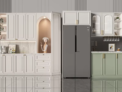 Modern Wine Cabinet In Kitchen With White Green Cabinets Refrigerator And Wine Glasses 3d model