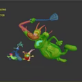 Funny Dynamic Blue Cartoon Cat Playfully Chasing Small Black Creature With Red Flyswatter