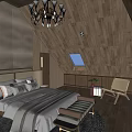 Hotel Guest Room with Wooden Ceiling Skylight Gray White Bedding Bench and Wooden Floor Rug