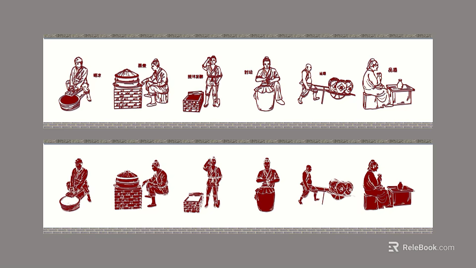 Building Exterior Wall With Traditional Laborer Figures Artistic Decorative Patterns 3d model