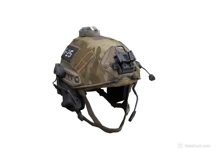 Camouflage Tactical Helmet with Number 23 Marking and Communication Accessories for Protection 3d model 