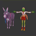 Purple Donkey Standing Next To A Person In Colorful Outfit With Arms Outstretched