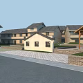 Scenic Landscape With Orderly Arranged Row Houses Road Wooden Bridge Water Wheel Pond Green Grass