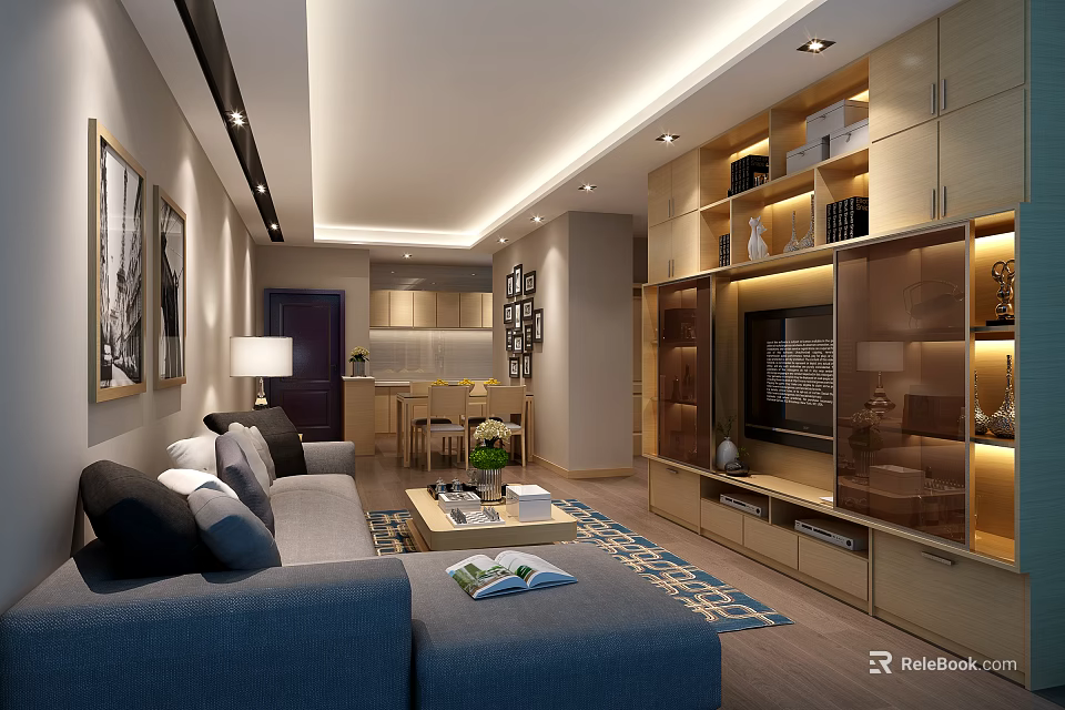 Modern Living Room Interior With Blue Sofa Gray Carpet Coffee Table TV Wall And Cabinets 3d model 