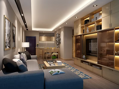 Modern Living Room Interior With Blue Sofa Gray Carpet Coffee Table TV Wall And Cabinets 3d model