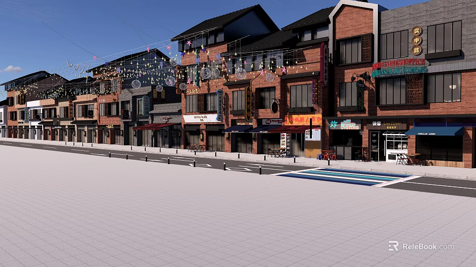 Vibrant Commercial Street With Multi Story Brick Buildings Shop Signboards And Decorative Light Strings 3d model 
